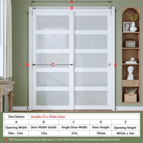 Bypass Sliding Closet Door Set, 72 By 80 Inches, Double 37 Inch Panels, 5 Lite Frosted Glass doors installed in a room.