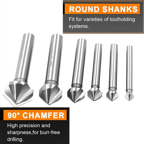 Workhorse Countersink Drill Bit Set For Steel And Wood, 3 Flute 90 Degree HSS Chamfer Bits, six-piece kit shown