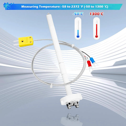 K-Type thermocouple kiln probe, white ceramic rod with braided stainless sheath and 3.3 ft wire, yellow plug