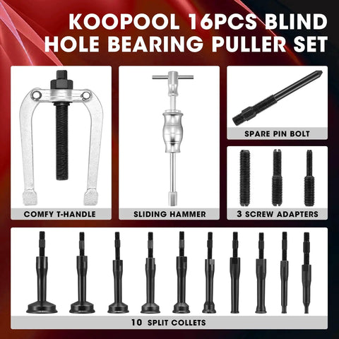 16-Piece Blind Hole Collet Bearing Race And Seal Puller Kit With Slide Hammer Pilot Insert, featuring T-handle and 10 split collets.