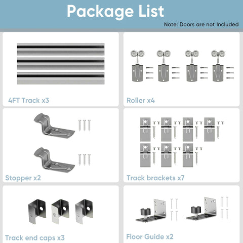 Package contents of 12 Foot Box Rail Exterior Barn Door Hardware Kit For Two Doors System shown with tracks, rollers, and brackets.