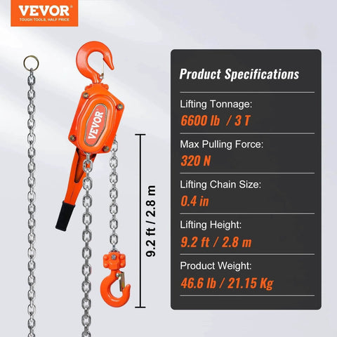 3 Ton Lever Chain Hoist 10 Ft Lift G80 Galvanized Carbon Steel Weston Double Pawl Brake Auto Chain Lead shown with specs