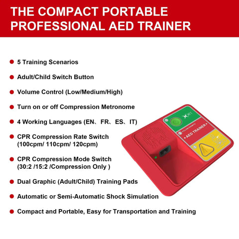 Compact professional AED trainer with multicolor buttons, features list, including CPR modes and language settings, ideal for beginners.