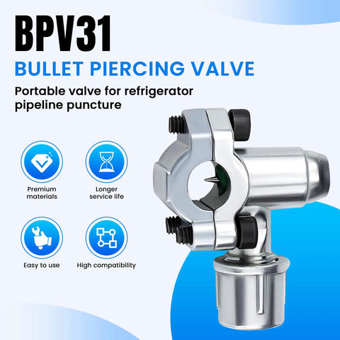 BPV31 Bullet Piercing Valve for refrigerator tubing; metal valve body compatible with 1/4, 5/16, 3/8 in tubing.