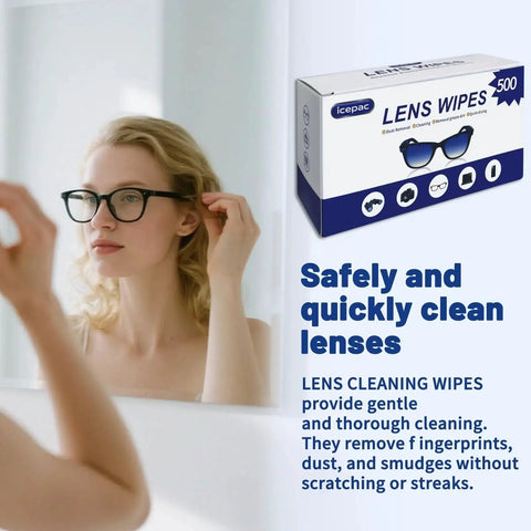 Lens Wipes for Eyeglasses Pre-Moistened 500 Count Streak-Free Cleaner packaging beside woman with eyeglasses in mirror