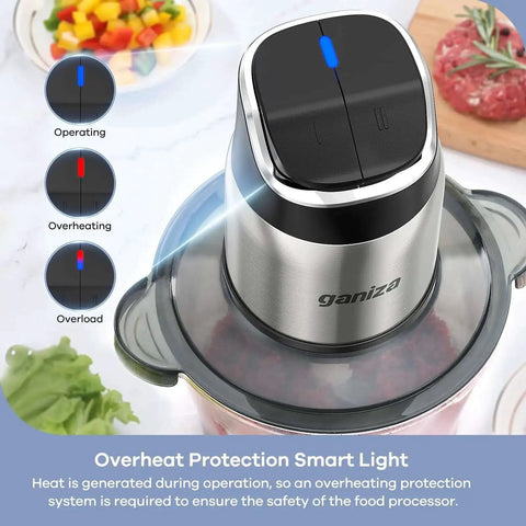 Food Processor Chopper And Meat Grinder With 2 Speed Settings showing overheat protection light on glass bowl.
