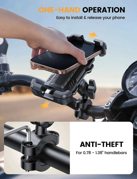 Motorcycle Phone Mount With Metal Extension Arm And Dual Vibration Dampeners holding phone on handlebars, anti-theft feature