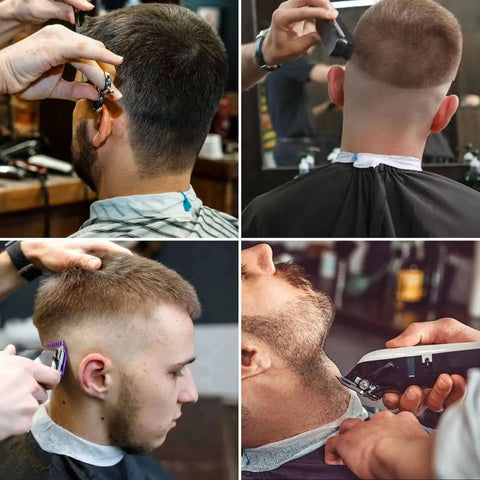 Barbers using clippers on men wearing Disposable Neck Strips for Barbershop, 5 Rolls, Professional Hairdressing Paper Neck Shields