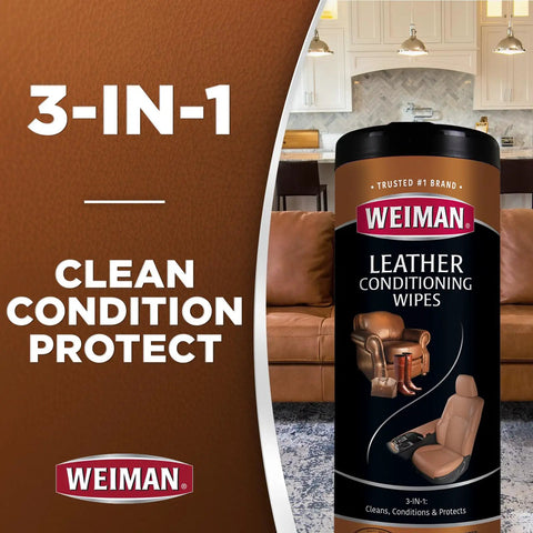 Leather Care Wipes With Microfiber Cloth For Quick Easy Cleaning Conditioning And UV Protection To Keep Leather From Cracking Or Fading On Couches Car Seats Shoes Weiman 2 Pack in a living room setting.
