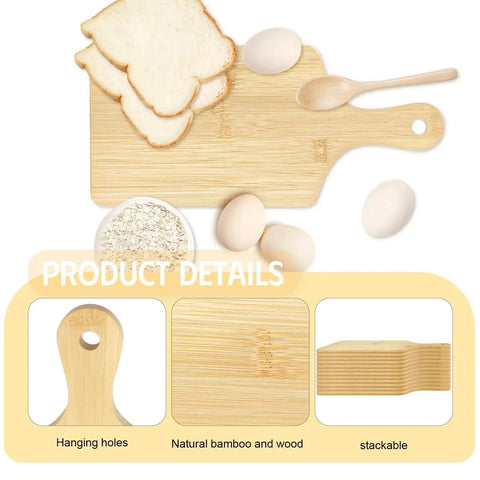 Top view of 25 Pack Bamboo Cutting Boards With Handles For Laser Engraving Charcuterie Serving Boards Bulk Set 11 By 5 Inches Blank DIY Gift