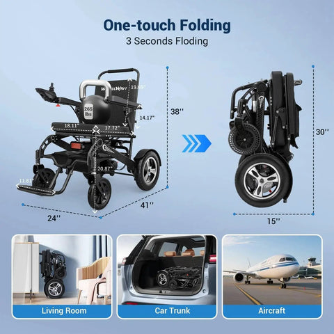 Foldable electric wheelchair in carbon-fiber color; unfolded and folded views with Amazon branding.