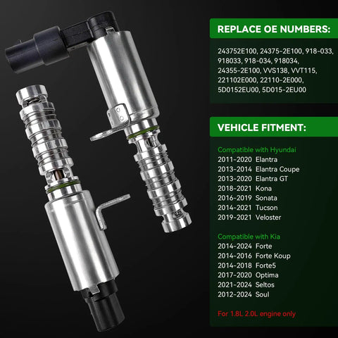 VVT Control Solenoid Assembly For Hyundai Elantra Elantra GT Kona Sonata Tucson Veloster And Kia Forte Forte5 Optima Seltos Soul 1.8L 2.0L Replacement Replaces 243752E100, two metallic solenoids on a dark background with fitment info
