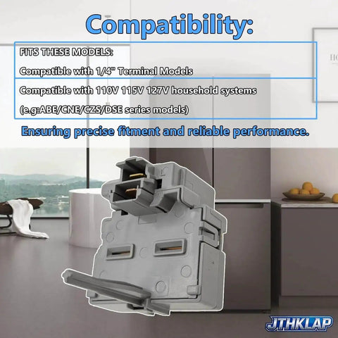 Universal Refrigerator Start Relay And Overload Protector, 1/4 Inch Terminal, shown with compatibility details overlay.