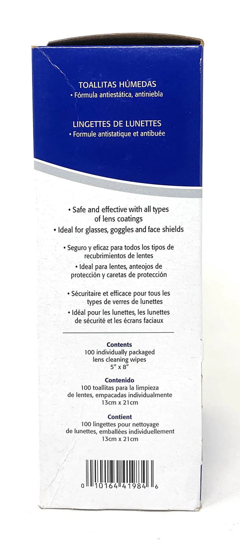 Lens Towelettes Dispenser Pack Of 100 For Glass And Plastic Lenses Anti Fog, product box side view with description in multiple languages.
