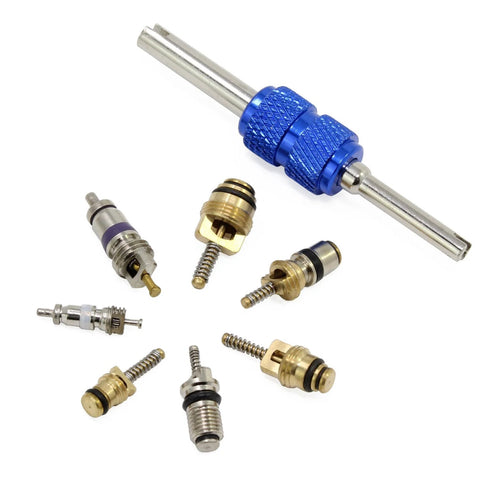 Blue knurled double-head valve core remover tool for automotive A/C with brass Schrader valve cores and fittings