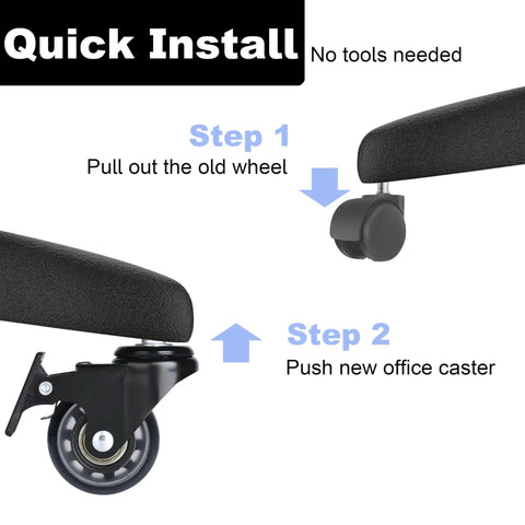 Quick install guide for Heavy Duty 2 Inch Universal Locking Office Chair Casters 5 Pack With Brake And Includes Screwdriver Tool Free Install Non Marking Floor Friendly For Hardwood Floors Tile Carpet Mats Safe Rolling.