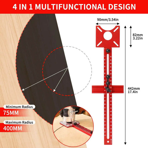 4 In 1 Router Milling Groove Bracket Pro Grade Aluminum Alloy Circle Cutting Jig For Woodworking with dimensions shown