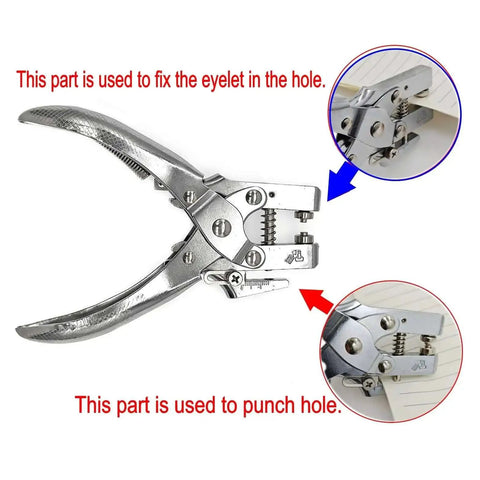 Beefy Heavy Duty 5mm Hole Punch And Eyelet Riveting Pliers Set with close-up of rivet and hole punch functions for paper and leather