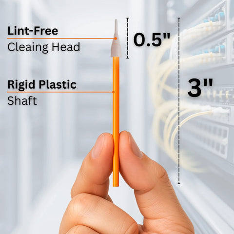 Sysotek fiber optic cleaning swab with lint-free head on an orange rigid plastic shaft, LC 1.25mm.