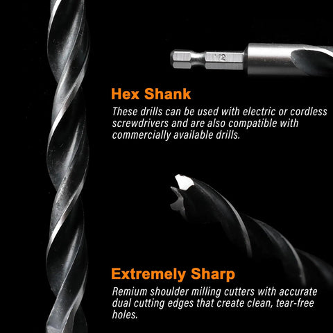 Close-up of Brad Point Wood Drill Bit Set, 12 PC, 1/8 To 1/2 Inch Hex Shank With Double Flute Design, highlighting the hex shank and sharp edge for hardwood
