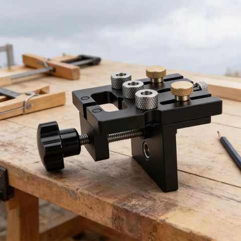 3 In 1 Woodworking Drill Locator And Self Centering Doweling Jig For Cabinet And Furniture Assembly With 6Mm 8Mm 10Mm Drill Adapters on workbench