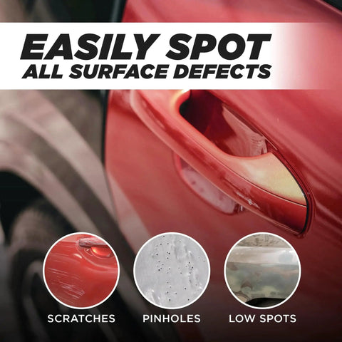 Car door showing scratches, pinholes, and low spots with Black Dry Guide Coat Powder Sanding Defects Highlights Scratches Wet Or Dry