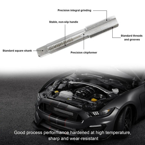 11 Piece Spark Plug Thread Repair Kit With M14x1.25 And M16x1.25 Inserts Stainless Steel Rethread Tool Set For Automotive Engines And Generators, shown with precision integral grinding and non-slip handle next to a car engine.