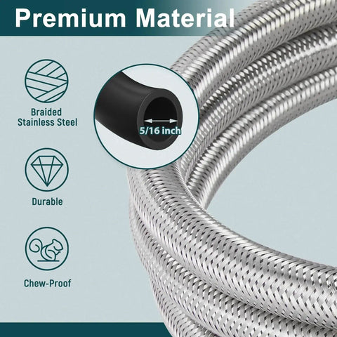 Close-up of stainless steel 12ft braided hose for High Flow Propane Regulator With 12ft Braided Hose And Gauge For Forge Fire Pit And Outdoor