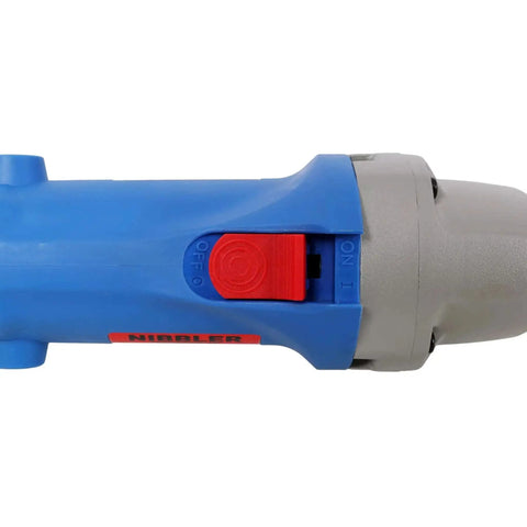 Electric Sheet Metal Nibbler 16 Gauge Cutter 500W 2000 RPM 360 Degree Rotating Nibbler side view with blue handle and red switch