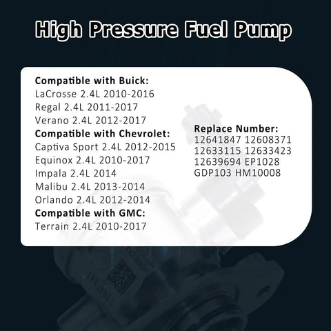 EP1028 High Flow Fuel Pump For Chevrolet And Buick 2.4L 2010 Through 2017 compatibility chart