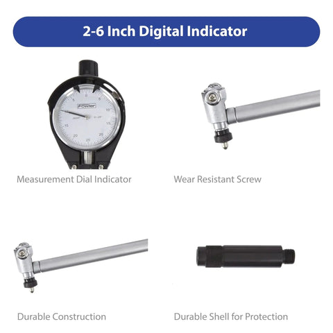 Extender Dial Bore Gage Kit With 1.4 To 6 Inch Measuring Range For Precise Hole Diameter Readings And Geometry Checks, Dial Indicator With 0.0005 Inch Graduations And 9.5 Inch Measuring Depth, Fowler, featuring parts like dial indicator and wear-resistant screws.