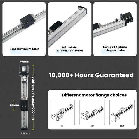 KHMOS HMS40 linear guide rail module with NEMA23 56mm motor on 6061 aluminum rail, 200mm stroke, 10mm lead.