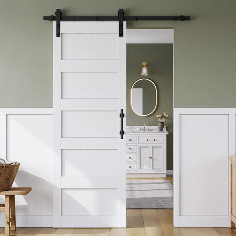 28 Inch Sliding Barn Door Kit With 5 Ft Hardware Track And Handle, Waterproof PVC Surface, preinstalled in modern bathroom.