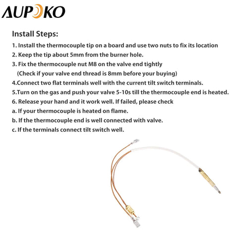 Aupoko 13.7-inch thermocouple for patio heaters with copper leads, brass fittings, white insulation, 4.8mm terminals.