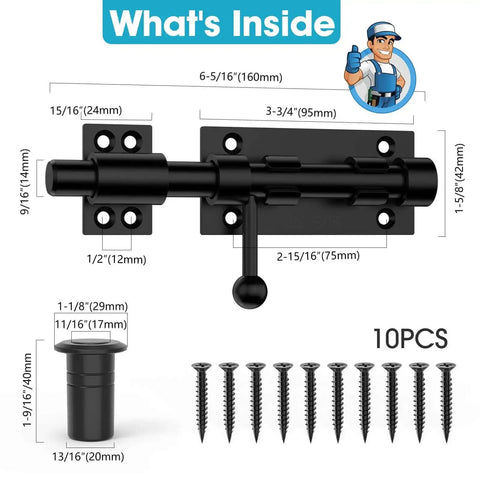 Diagram showing 6.3 Inch Beefy Heavy Duty Barrel Bolt Gate Latch in Solid 304 Stainless Steel with Black Finish and 10 stainless screws