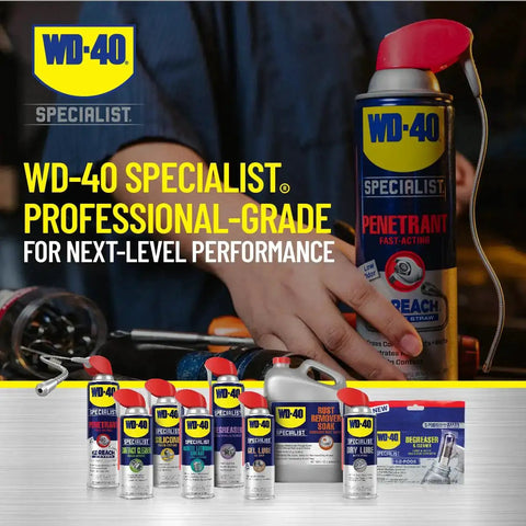 Person holding Penetrant With 8 Inch EZ Reach Flexible Straw Pulls Rusted Nuts Loose And Frees Stuck Bolts, 13.5 Oz can.