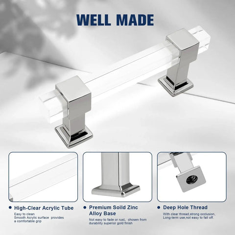10 Pack Modern Acrylic Cabinet Handles with Clear Square Tube and Polished Chrome Base, close-up view of handle details