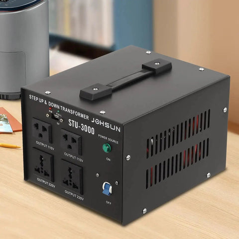Heavy Duty 3000W Voltage Converter Transformer For 110V To 220V And 220V To 110V on desk, iron shell, home use.