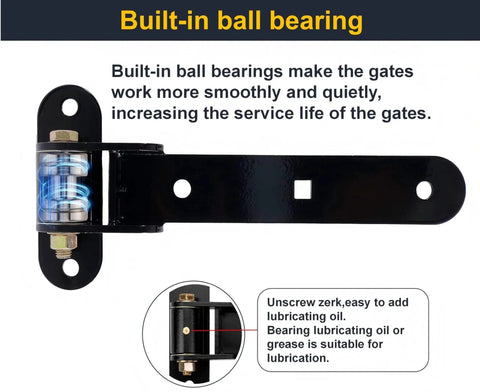 Heavy Duty T-Strap Gate Hinges 2 Pack, 900 Lb Load Capacity, built-in ball bearing, smooth swing, black wrought hardware