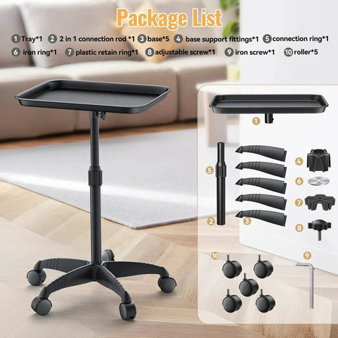 Package contents of Adjustable Height Rolling Salon Tray On Wheels With 360 Degree Mobility And Hair Resistant Swivel Casters