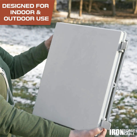 Person holding Extra Large Outdoor Waterproof Junction Box With Hinged Panel Cover IP65 Rated Electrical Enclosure