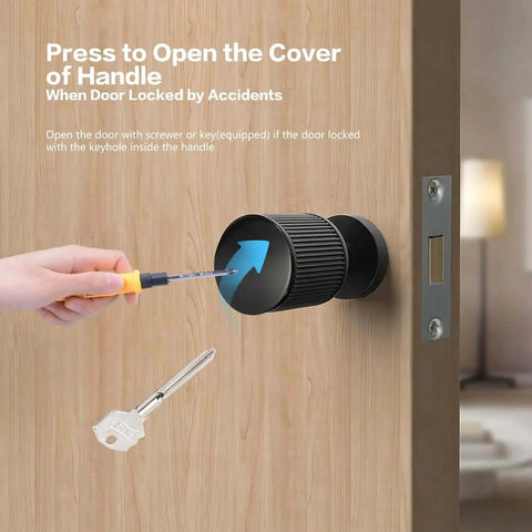 Two Pack Invisible Minimalist Door Lock With A Single Sided Black Handle on wooden door, showing screwdriver and key for emergency access