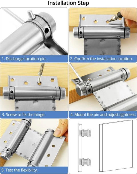 QWORK 3-inch stainless steel self-closing double-action door hinges, 4-pack for cafe/saloon doors, installation steps.
