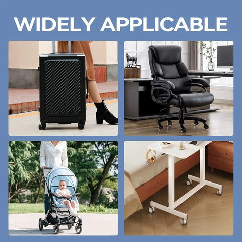 Silicone Luggage Wheel Covers 8 Pack Noise Reducing Shock Absorbing Wheel Protectors showing usage on suitcase, chair, cart.
