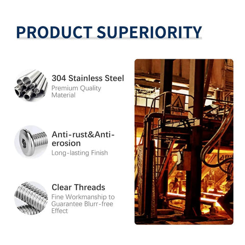 Infographic showing product superiority of 304 Stainless Steel 1/4-20 X 1 Flat Head Hex Socket Cap Screws, highlighting anti-rust properties.