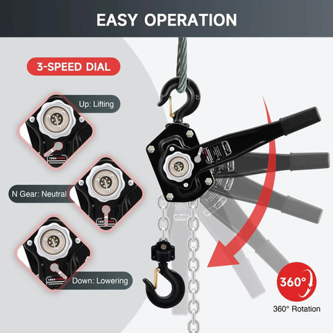 3 Ton Manual Lever Chain Hoist With 10 Ft Lift G80 Chain Swivel Hooks Heavy Duty showing 3-speed dial operation and 360-degree rotation
