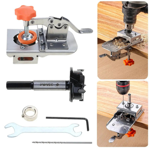 35mm Hinge Boring Hole Opener for Woodworking Drilling Guide Locator with Triangle Edged Hinge Opener Stainless Steel Hole Puncher Easy To Install and Quick Setup Save Time on Hinges Montesy, showing components and in-use drilling example.