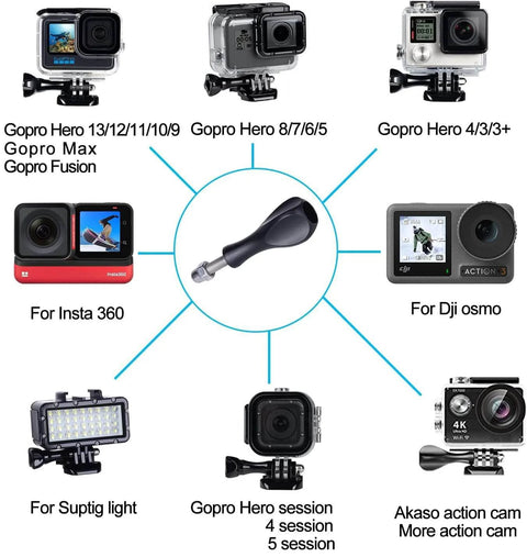 Image showing various action cams compatible with the 3 Long Thumb Screws And 1 Short Screw Kit For GoPro Hero 13 Through 3 Plus Hero Session And Max.