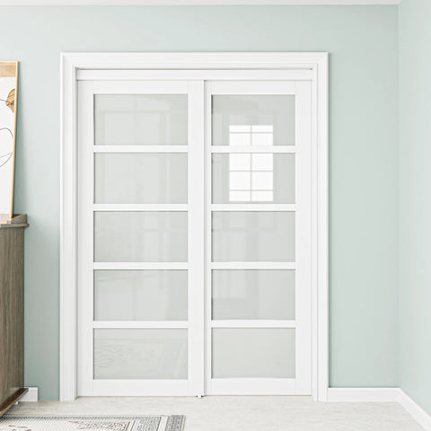 60 Inch By 80 Inch Sliding Closet Door Set With Double 31 Inch Panels 5 Lite Frosted Glass 4mm Tempered Glass in bedroom