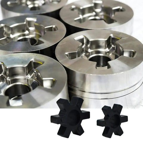 2 Pack L090 L095 NBR Rubber Spider Inserts For L Jaw Coupler Set Solid Center Black Heavy Duty Replacement Parts shown with metal couplers in industrial setup